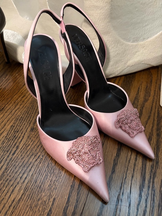 Versace Shoes - Versace Pink Satin Pointed Slingback Heels with Beaded Medusa